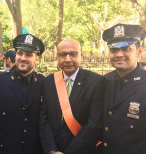 Officers from the #109pct at the Muslim Day Parade with Mr. Khizr Khan, father of fallen soldier Capt. Humayun Khan