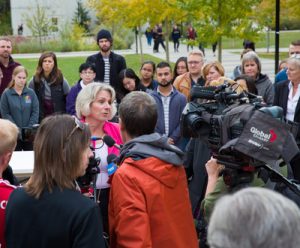 University of Calgary students, faculty and staff rally to support the Muslim community after anti-Muslim posters were found around campus on October 4, 2016. Several UCalgary members spoke to the media including: University of Calgary President and Vice-Chancellor Elizabeth Cannon; Adriana Tulissi, Manager, The Faith and Spirituality Centre.