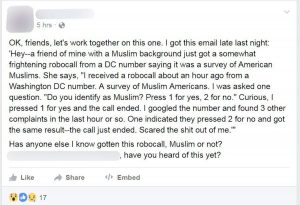  CAIR has received reports of American Muslims receiving robocalls asking if they "identify" as Muslim. (via Facebook) 
