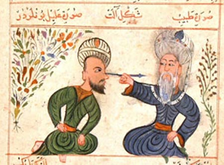 A figure depicting a Muslim physician during a treatment. Serefeddin Sabuncuoglu, Cerrahat al-Haniyye, Millet Library, Ali Emiri Tip, p. 79.