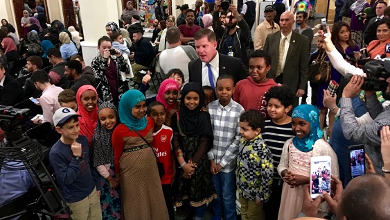  Boston Mayor Marty Walsh attended a town hall meeting at the Islamic Society of Boston Cultural Center on the evening of Feb. 24, 2017.  