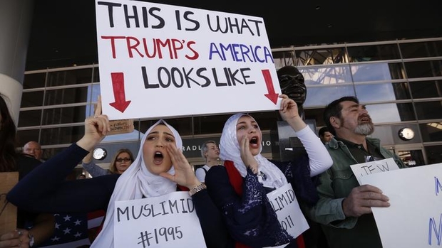 Protests in Los Angeles against the travel ban in January 2017 (AFP)