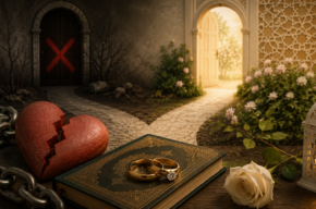 Broken heart, wedding rings, and Qur'an symbolizing an Islamic marriage ruling