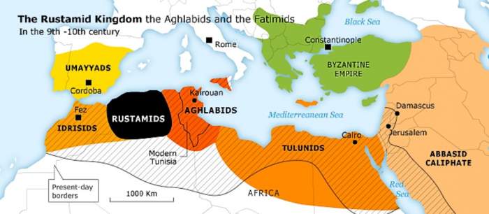 The political scene of the Mediterranean in the 9th-10th century, with the Aghlabid Dynasty in the center.