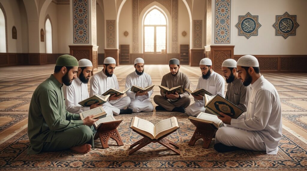 Men reading Quran in mosque