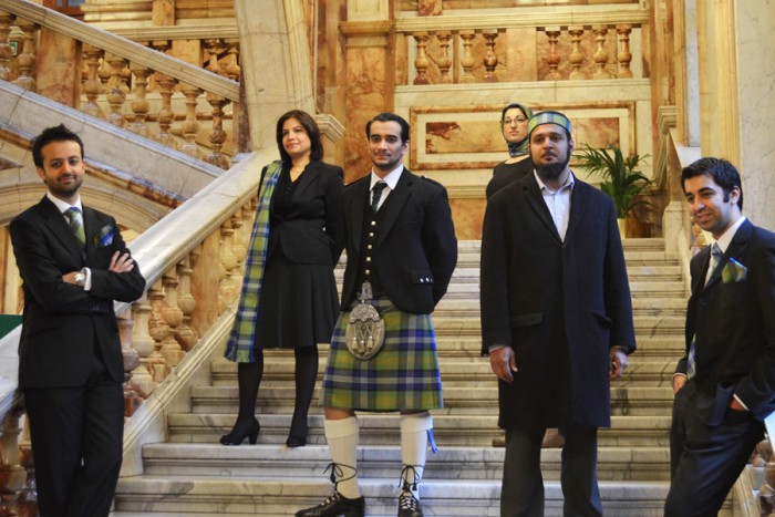 From left: Osama Saeed (Head of International Relations at Al Jazeera), Shazia Akhtar (Solicitor and Legal Fellow at The Scotland Institute), Dr Azeem Ibrahim (Executive Chairman of The Scotland Institute), Shabnum Mustapha (Vice Chair of the Scottish Liberal Democrats), Shaikh Amer Jamil (Solas Foundation and Scotland’s leading Islamic scholar), Humza Yousaf (SNP Member of Scottish Parliament)