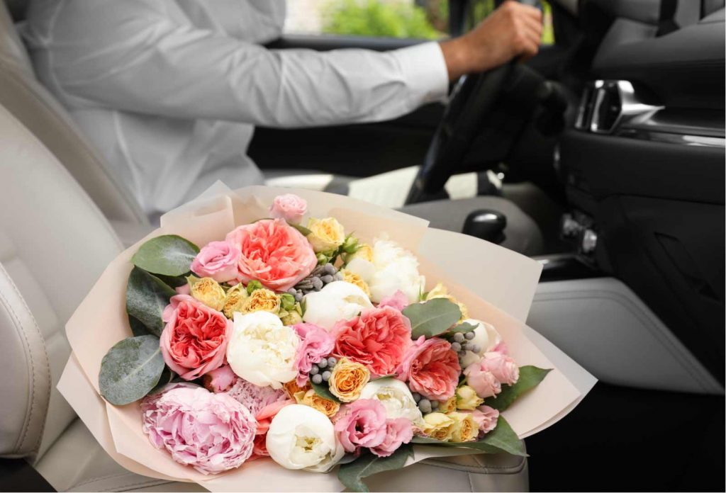 Beautiful flower bouquet inside car