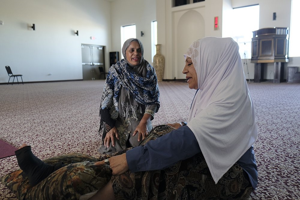 Sharaf Haseebullah, left, visits Fatima Motti at Masjid Ibrahim in Las Vegas, Nevada, Sept. 20, 2019. RNS photo Aysha Khan