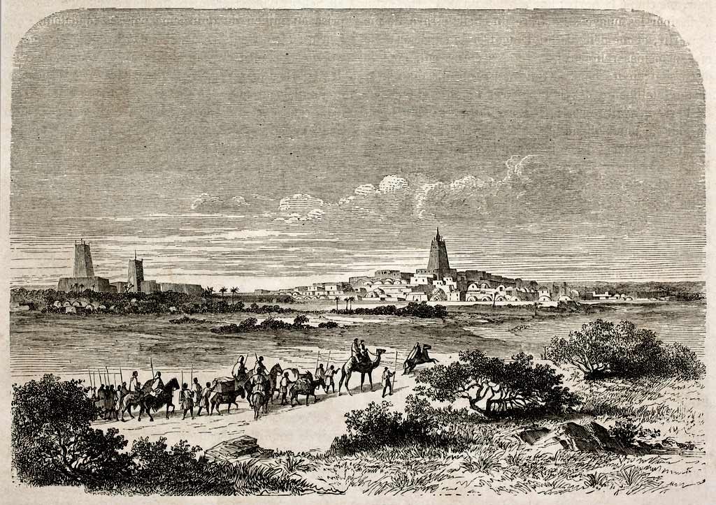Arrival in Timbuktu, old illustration. Created by Lancelot after Barth, published on Le Tour du Monde, Paris, 1860
