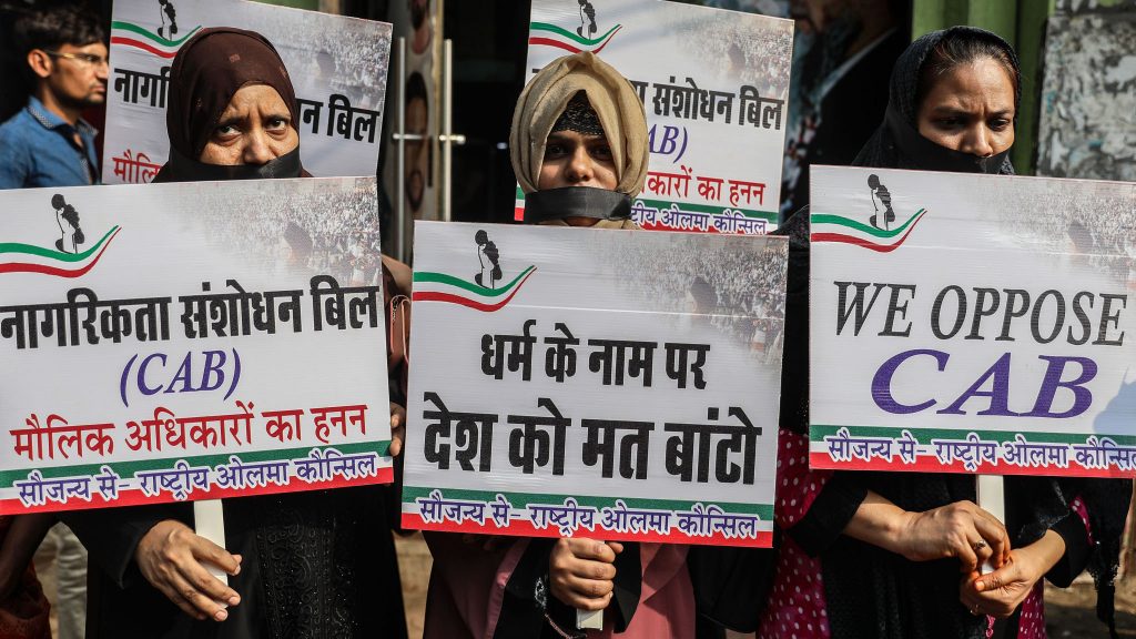 Credit: Photo by DIVYAKANT SOLANKI/EPA-EFE/Shutterstock (10501722k) Indian Muslim women hold placards during a silent protest, organized by Rashtriya Ulama Council, against the Citizenship Amendment Bill (CAB) in Mumbai, India, 11 December 2019.