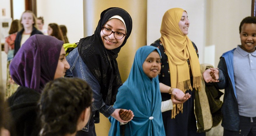 (Leah Hogsten | The Salt Lake Tribune) Students from Iqra Academy of Utah share a laugh during the Utah Muslim Civic League inaugural Muslim Day on the Hill, Feb. 25, 2020 at the Capitol.