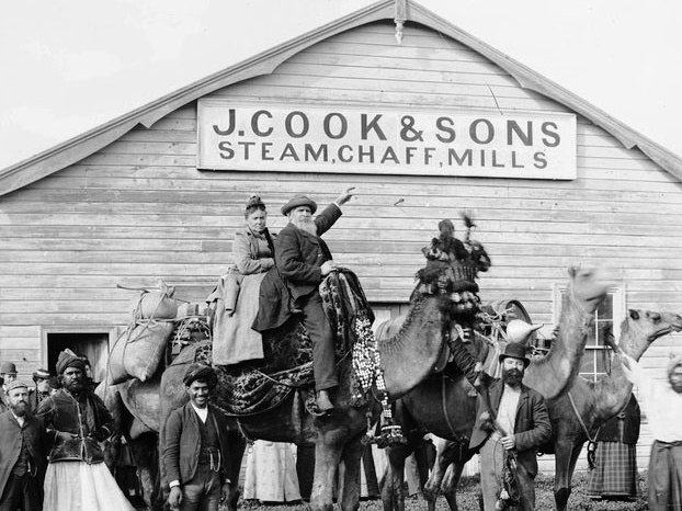 Afghan cameleers with visitors, Australia, c 1891. Image courtesy of the State Library of South Australia