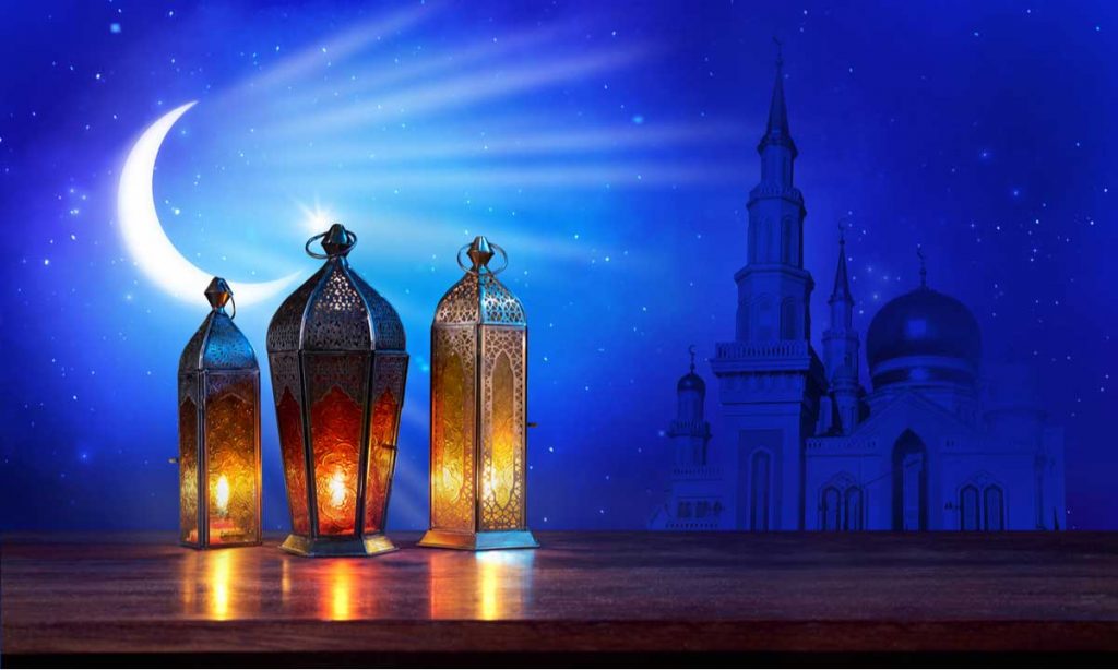 Ramadan lanterns on the table with moon