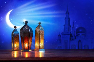 Ramadan lanterns on the table with moon