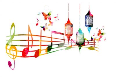 colorful Ramadan lamps with music staff and notes