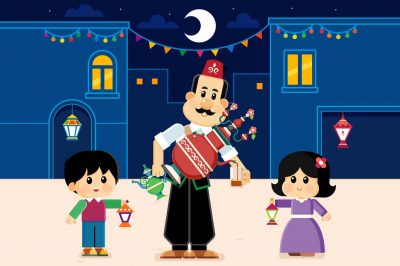 juice vendor , Ramadan kareem greeting card , kids carrying lanterns