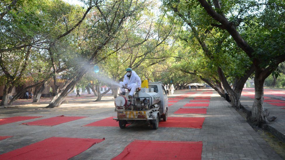 And here in Peshawar in Pakistan, workers sprayed disinfectant in an effort to prevent the spread of Covid-19