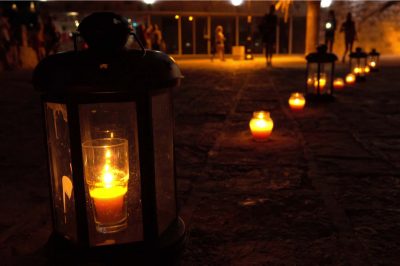 Romantic candle lanterns on the tourist street at night