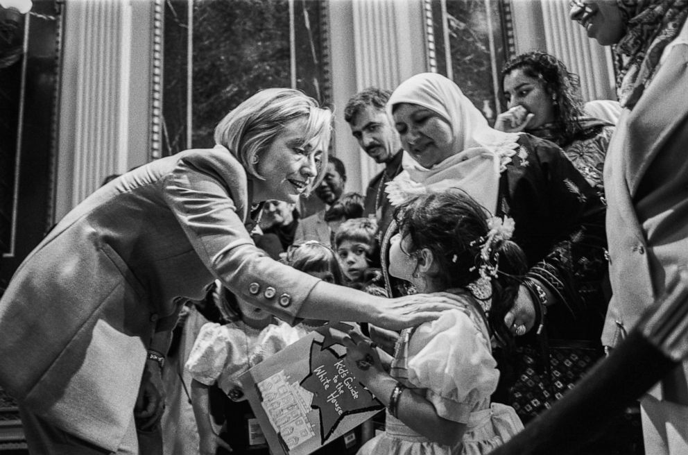 First Lady Hillary Clinton meets with Muslim Americans in the White House Indian Treaty Room on Jan. 29, 1998. David Hume Kennerly/Getty Images, FILE