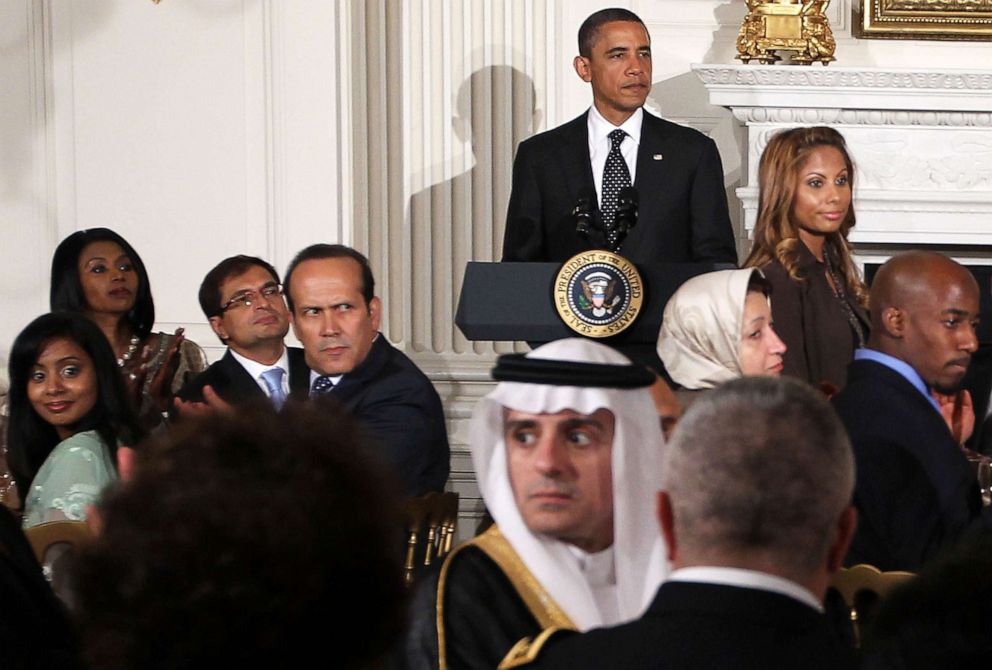 President Barack Obama pauses as he acknowledges Muslim 9/11 families during an Iftar dinner in the State Dining Room of the White House, Aug. 10, 2011 in Washington. Alex Wong/Getty Images, FILE