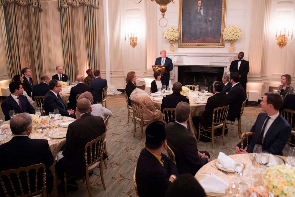 President Barack Obama pauses as he acknowledges Muslim 9/11 families during an Iftar dinner in the State Dining Room of the White House, Aug. 10, 2011 in Washington. Alex Wong/Getty Images, FILEPresident George W. Bush speaks during an iftar dinner in the State Dining Room at the White House, Oct. 16, 2006 in Washington. AFP via Getty Images, FILEFirst Lady Hillary Clinton meets with Muslim Americans in the White House Indian Treaty Room on Jan. 29, 1998. David Hume Kennerly/Getty Images, FILEPresident Bill Clinton greets invited guests before making a statement on Jan. 10, 2000. AFP via Getty Images, FILE