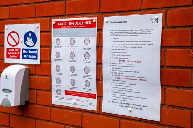 Health and Safety guidelines, along with hand sanitisers are on display at all the Derby Jamia Mosque centres (Image: Nazir Hussain)