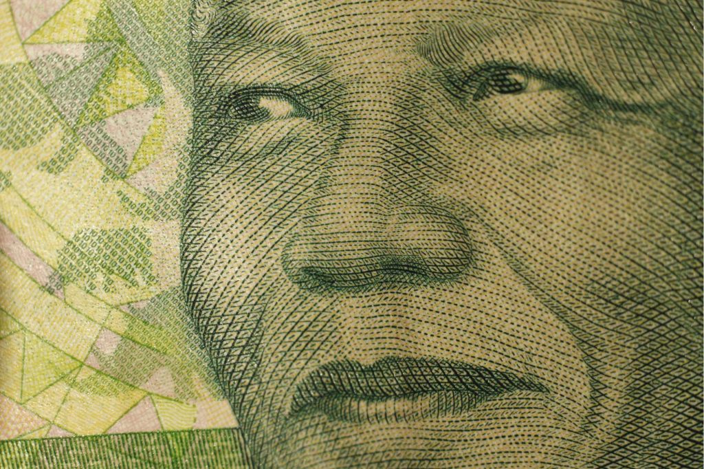 Mandela Nelson on the banknote of 10 rands of the Republic of South Africa