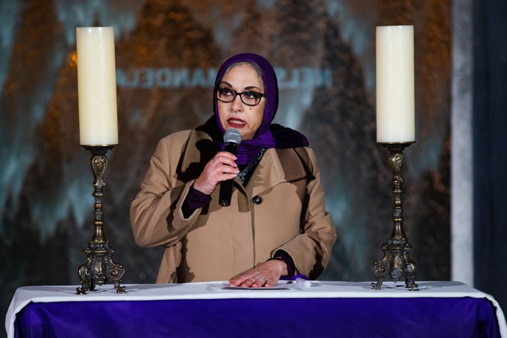 Soumaya Khalifa, executive director of the Islamic Speakers Bureau of Atlanta, speaks during the Atlanta peace vigil
