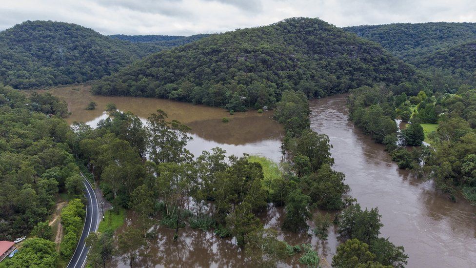 An aerial view of flooded farmland on the Colo River
Getty Images