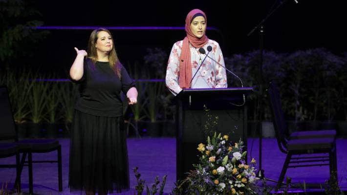 Maha Elmadani speaks during the national remembrance service at Christchurch Arena on Saturday.