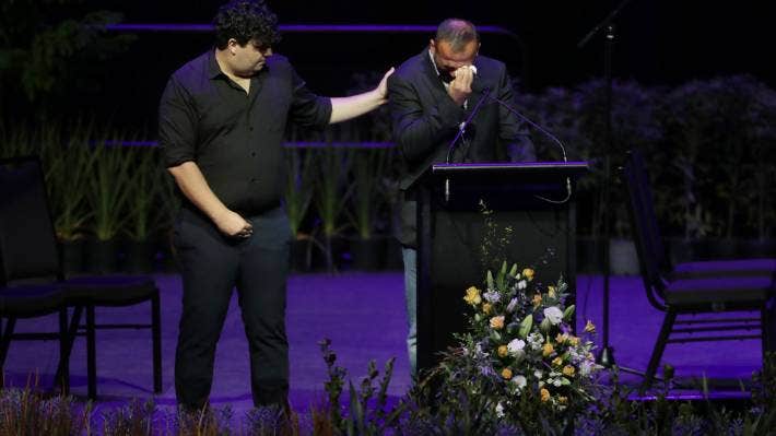 Temel Atacocugu breaks down during his speech at the national remembrance service. CHRIS SKELTON/STUFF