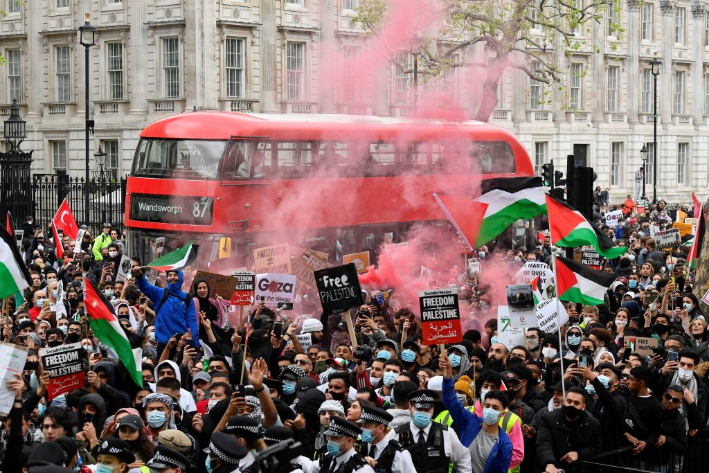Pro-Palestinian demonstrators attend a protest in London, May 11. REUTERS/Toby Melville