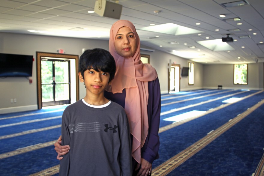 Mohsin Siddiqui, 12, and his mother Rukshana Patel, in the musalla, or prayer room, of the Muslim Community Center of Charlotte.
Queens University News Service
