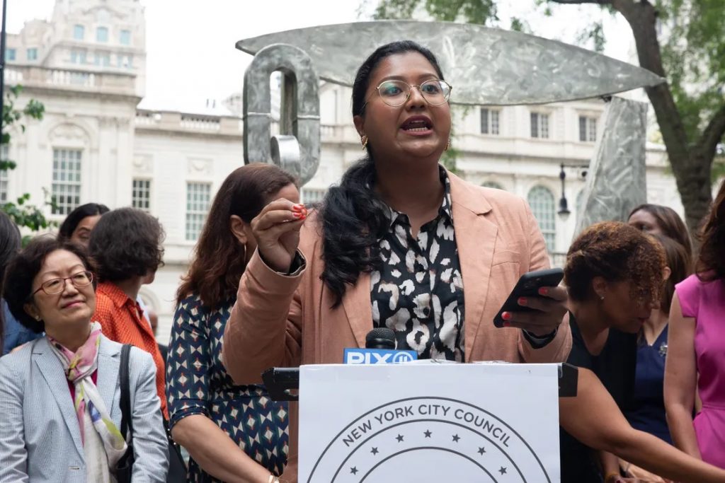 Brooklyn City Council Candidate Shahana Hanif speaks at a rally in City Hall Park, July 13, 2021. Ben Fractenberg/THE CITY