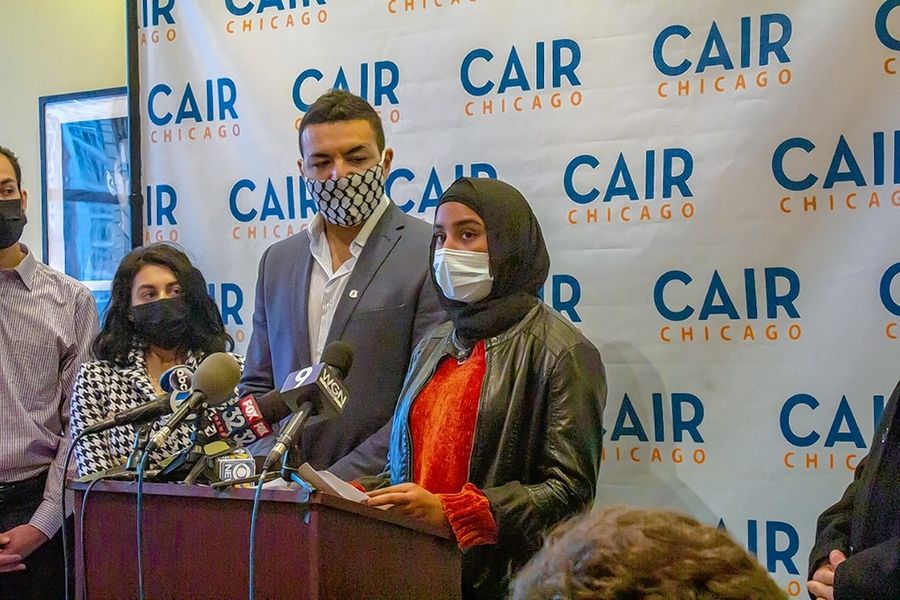 CAIR-Chicago Executive Director Ahmed Rehab and Lisle High School sophomore Zoya Shaik speak during a news conference announcing the launch of a new anti-bullying initiative. Courtesy of CAIR-Chicago