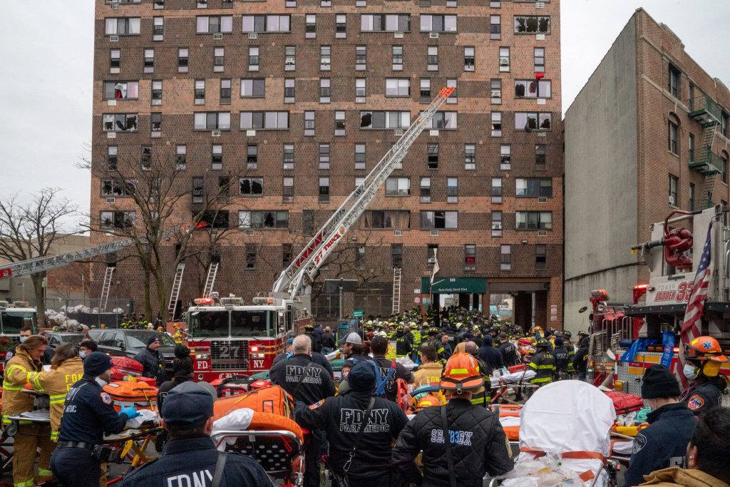 Firefighters found victims on every floor of a 19th-story Bronx building after a blaze started Sunday morning, the fire commissioner said. Credit…David Dee Delgado for The New York Times