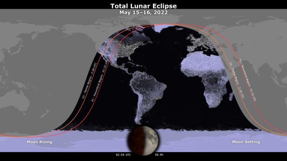 A visibility map for the May 15, 2022 Super Flower Blood Moon lunar eclipse. (Image credit: NASA’s Scientific Visualization Studio)