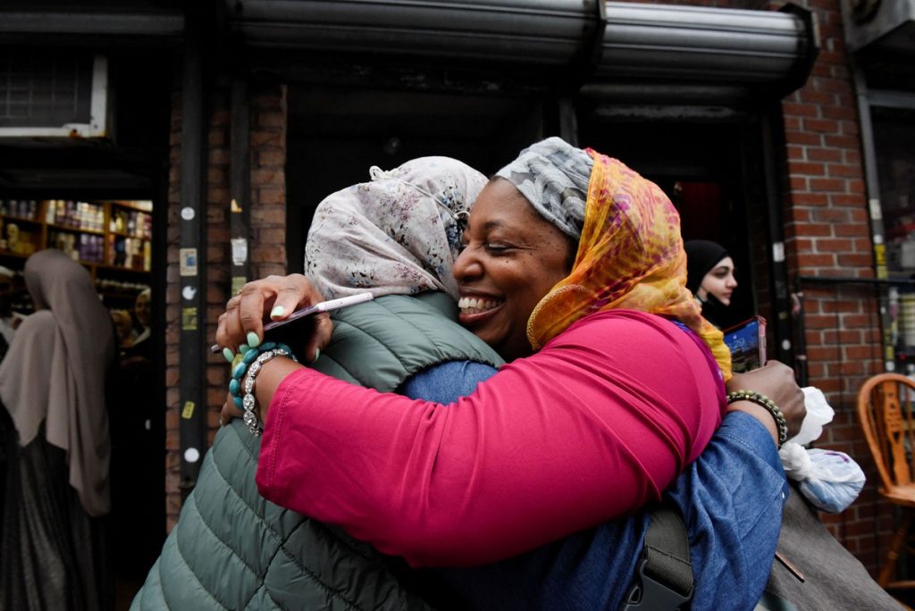 Women embrace as they celebrate Eid al-Fitr at the Masjid At-Taqwa mosque, in New York City’s Brooklyn borough, on May 2. 