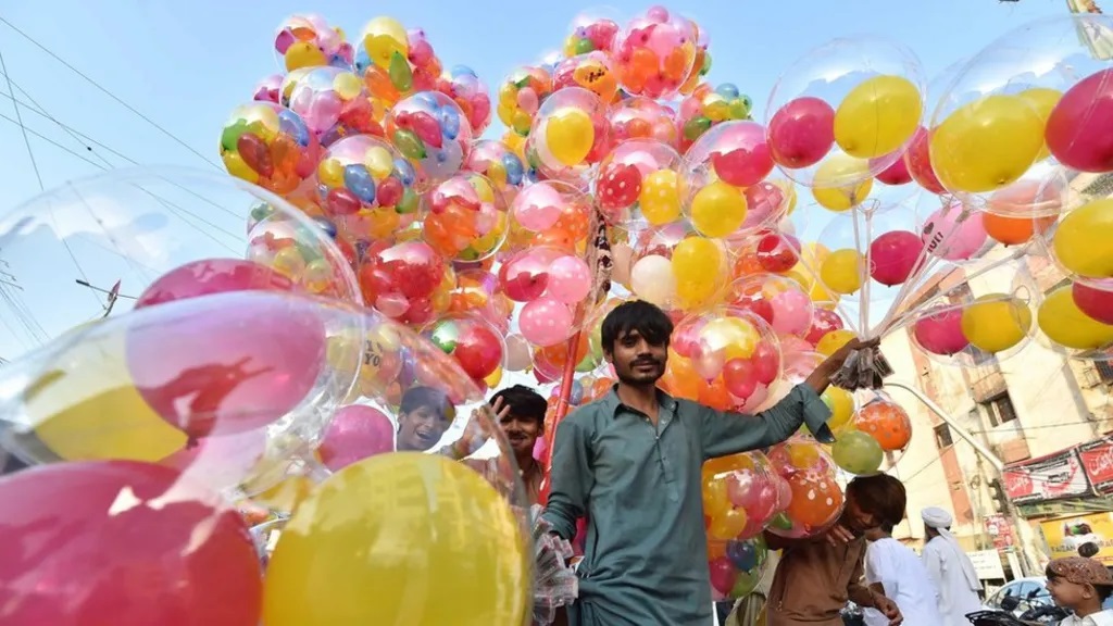 A man sells balloons during celebrations in Karachi, Pakistan.