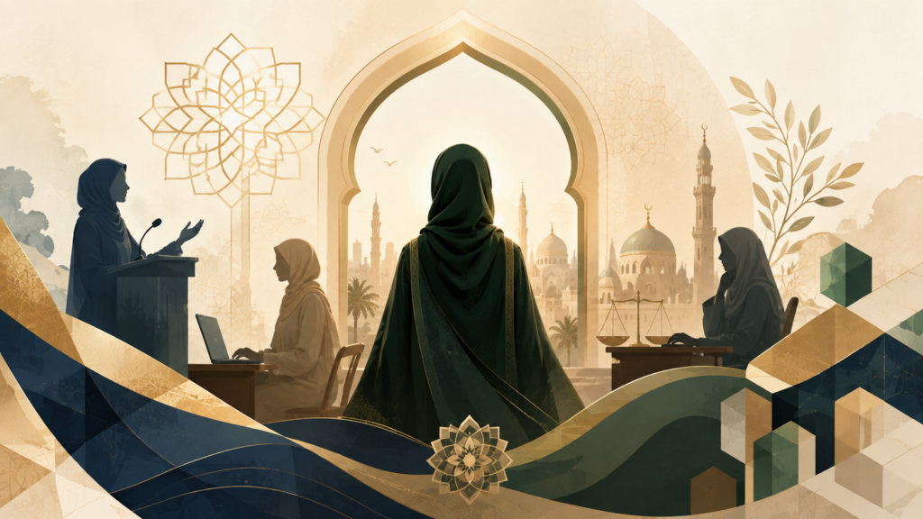Muslim women represented in leadership, justice, and public roles within an Islamic setting.