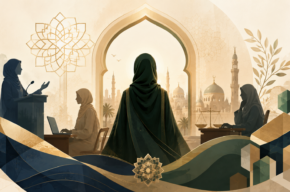 Muslim women represented in leadership, justice, and public roles within an Islamic setting.