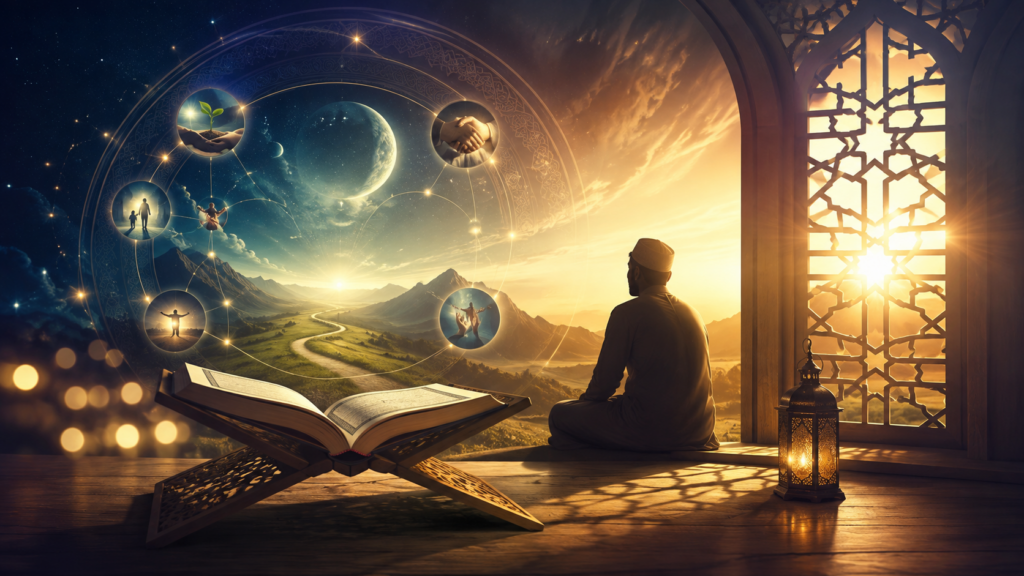 Open Quran beside a praying Muslim overlooking a mountain landscape