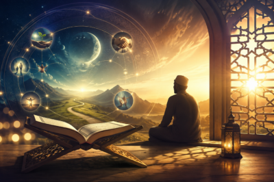 Open Quran beside a praying Muslim overlooking a mountain landscape