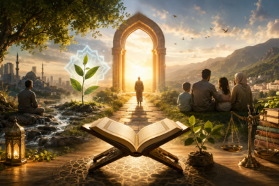 Open Qur'an before a radiant path symbolizing wisdom and the Hereafter
