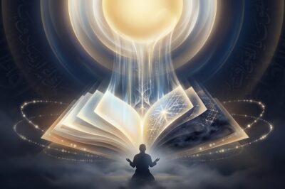 Abstract digital artwork of a luminous golden orb casting light onto an open book above a kneeling silhouette.