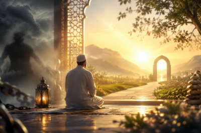Righteous living in Islam represented by a Muslim practicing faith, humility, justice, and good deeds