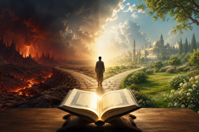 Open Quran with a path between Paradise and Hell