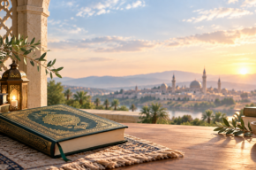 Quran and books on a table overlooking a peaceful city at sunset