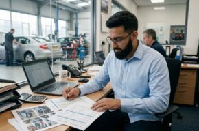 Muslim man reviewing a car insurance claim and repair costs