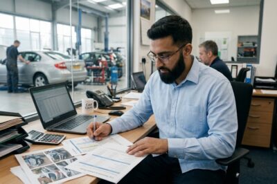 Muslim man reviewing a car insurance claim and repair costs